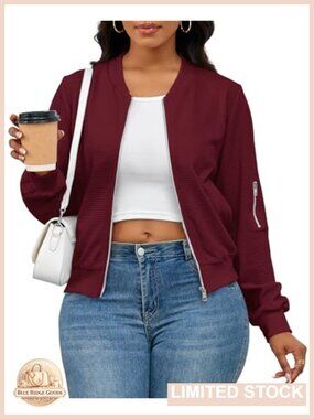 Waffle Knit Zip Up Bomber Jacket Womens Plus Size Fall Cardigan Casual